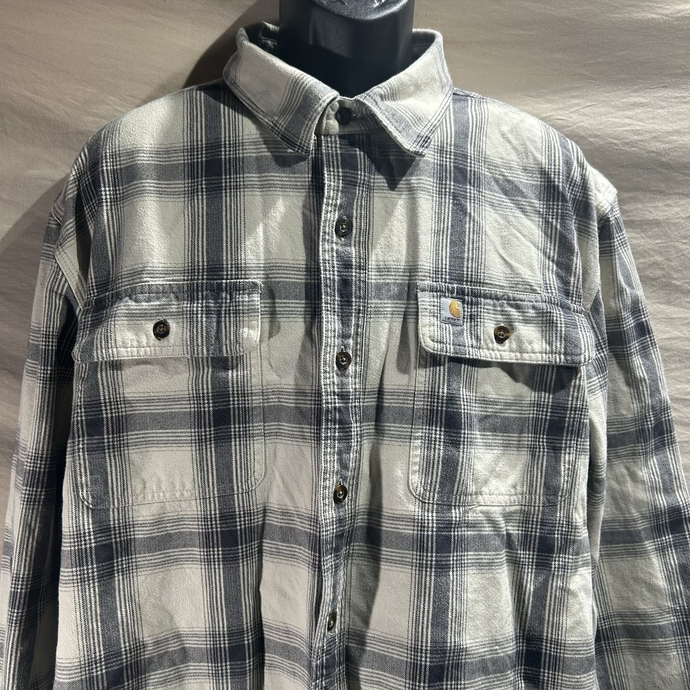 Carhartt Original Fit Men's XL Flannel Shirt Grey Black Plaid Button Down Cotton